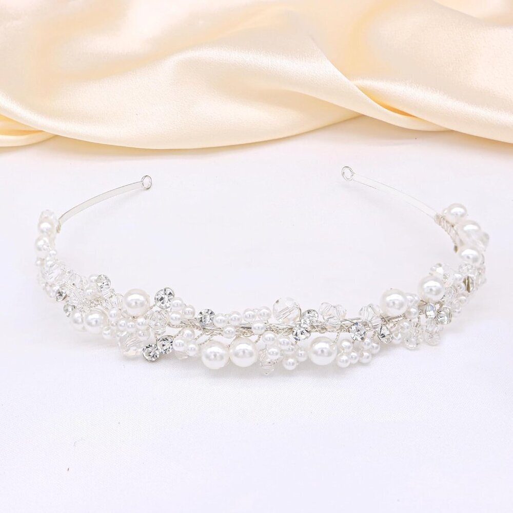 Bridal Pearl & Crystal Headband Silver Wedding Hair Accessories for Women
